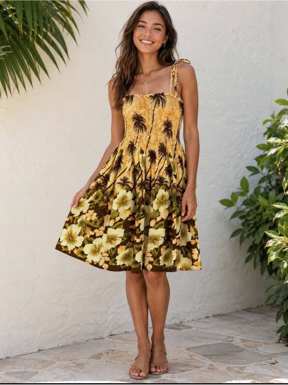 Sunset Palm Smocked Midi Dress in Yellow Floral